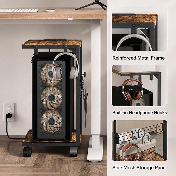 PC Stand with Charging Station, Height Adjustable Computer Tower Stand, 19.7"-31.5" H, Computer Cart with Wheels and Hooks, CPU Holder for Floor, Carpet and Under Desk, Rustic Brown