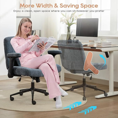 IPKIG Criss Cross Chair with Adjustable Flip-up Arms, Vanity Chair with Wheels, Comfy Desk Chair with Lumbar Pillow Swivel Wide Office Chair for Home Office, Bedroom, Chenille, Blue