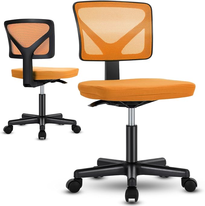 OLIXIS Ergonomic Armless Office Desk Chair with Wheels, Mesh Back, Removable Washable Foam Cushion, Height Adjustable Rolling Swivel Chairs for Small Space, Home, Office, Dark Orange