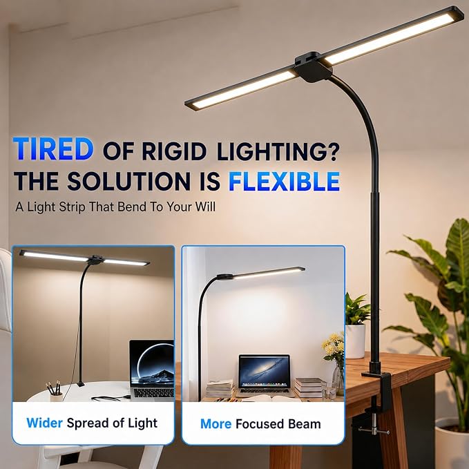 LED Desk Lamp for Home Office, Eye-Care Architect Light with Clamp, Double Head Computer Monitor Table Light with 3 Color Modes 10 Brightness, Adjustable for Reading, Study, Drafting, Workbench, Black