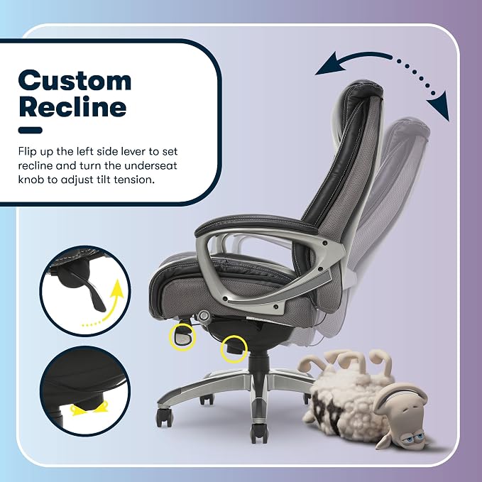 Serta Lautner Executive Home Office Desk Chair, Ergonomic High-Back with Adjustable Lumbar & Body Pillows, SmartLayers and ComfortCoils Technology, Mesh and Bonded Leather, Black/ Gray