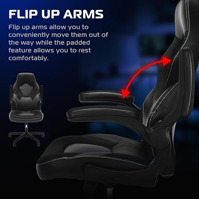 RESPAWN 3085 Ergonomic Gaming Chair for Adults, High Back Office Chair with Headrest and Flip Up Arms, Leather Racing Style Gaming Seat with Lumbar Support, Video Game Computer Desk Seat - Black