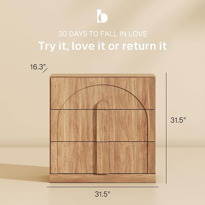 BELLEZE 31.5" Kitchen Storage Cabinet with 3 Drawers, Freestanding Accent Cabinet with Wood Handles & Arched Design, Modern Credenza for Living Room, Entryway - Camel