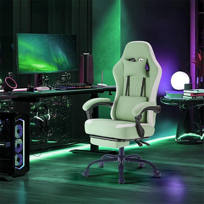 Sweetcrispy Computer Gaming Chair: High Back Ergonomic Desk Chair with Footrest and Lumbar Support, Height Adjustable with Linkage Armrests and Headrest, 360° Swivel Wheels, Fabric, Green