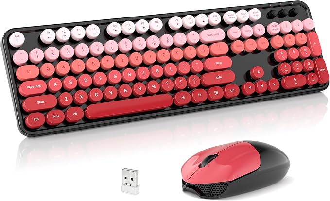 Wireless Keyboard and Mouse Combo, 2.4GHz Retro Full-Size Typewriter Keyboard with Number Pad and Wireless Mouse for PC/Laptop/Desktop/Windows (Black Red)
