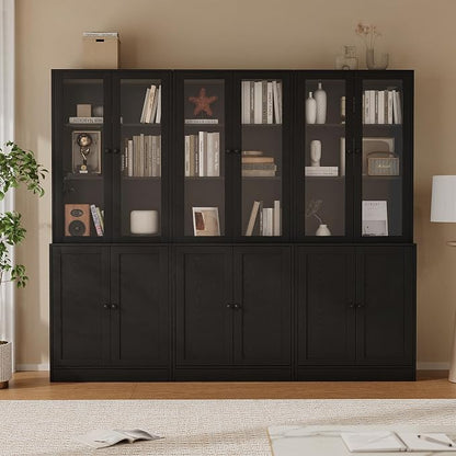 TUSY 71'' Bookshelf with Doors - 5 Tier Freestanding Tall Bookcase, Modern Storage Cabinet for Home Office, Curio Cabinets with Glass Door for Living Room, Bedroom (2, Black)