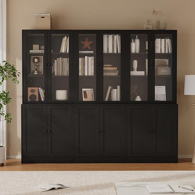 TUSY 71'' Bookshelf with Doors - 5 Tier Freestanding Tall Bookcase, Modern Storage Cabinet for Home Office, Curio Cabinets with Glass Door for Living Room, Bedroom (1, Black)