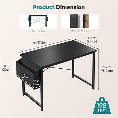 OLIXIS Computer Desk, 44 Inch Home Office Desks for Small Spaces, Writing Craft Study Gaming Table for Bedroom, Modern Computer Workstation with Storage Bag and Headphone Hook, Black