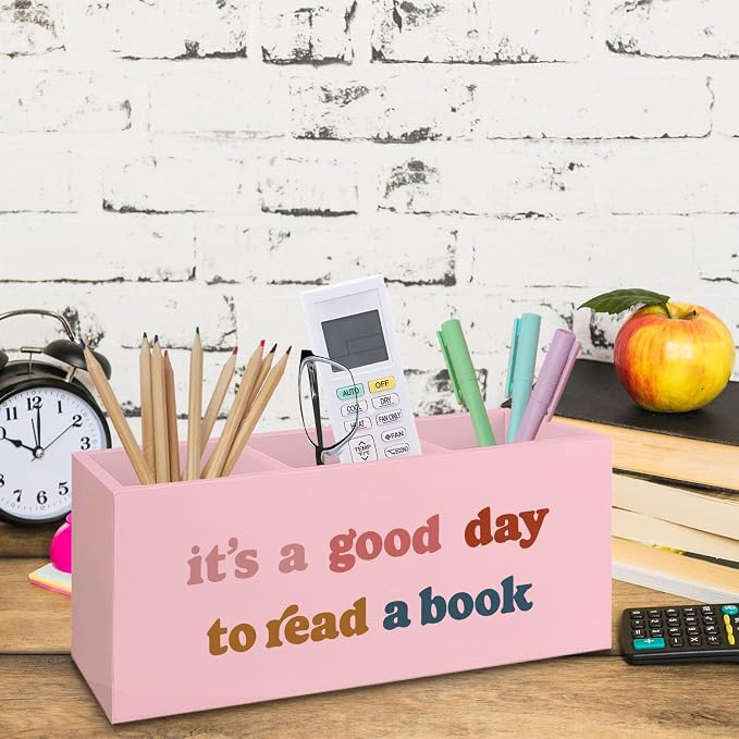 Pink Wooden Bookmark Pen Pencil Holder Decor for Desk, Book Lover Gifts, It's a Good Day to Read a Book Wood Makeup Brush Toothbrush Holder Organizer for Reading Corner Room Library