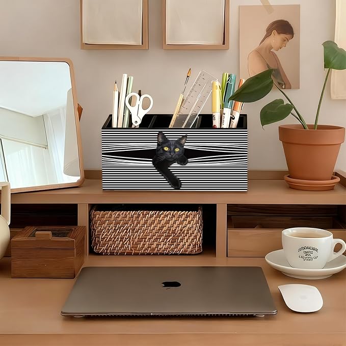 Funny Black Cat Pen Pencil Holder for Desk, Black Cat Mom Lady Lovers Gifts for Women, Pet Lover Gifts Wooden Box Sign Decorations for Home Office Desk Tabletop
