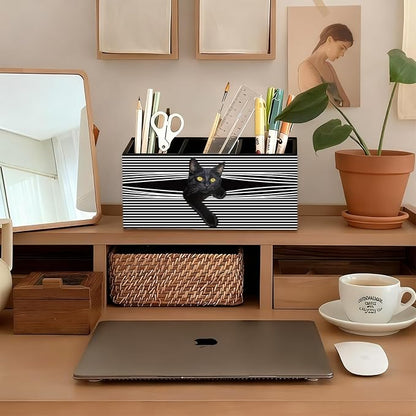 Funny Black Cat Pen Pencil Holder for Desk, Black Cat Mom Lady Lovers Gifts for Women, Pet Lover Gifts Wooden Box Sign Decorations for Home Office Desk Tabletop