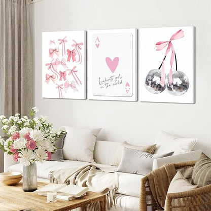 Trendy Pink Bows Wall Art Set of 3 Coquette Preppy Cherry Wall Decor Trendy Disco Ball Canvas Posters Prints Girly Aesthetic for College Apartment Living Room Bedroom Framed 12x16 In