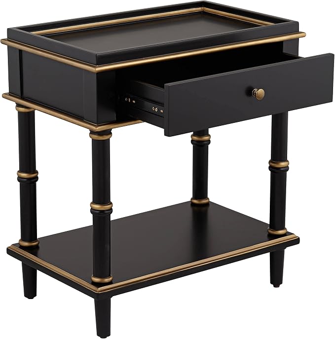 Cason Modern Glam Luxe Wood Rectangular Accent Side End Table 15" x 24" with Drawer and Shelf Black Gold Trim Handle for Living Room Bedroom Bedside Entryway Home House Office