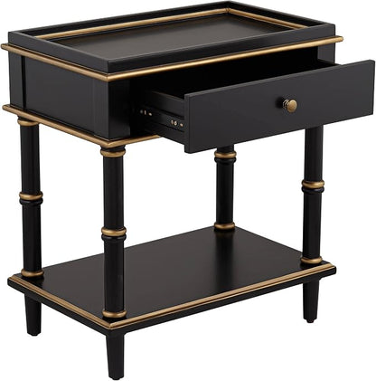 Cason Modern Glam Luxe Wood Rectangular Accent Side End Table 15" x 24" with Drawer and Shelf Black Gold Trim Handle for Living Room Bedroom Bedside Entryway Home House Office