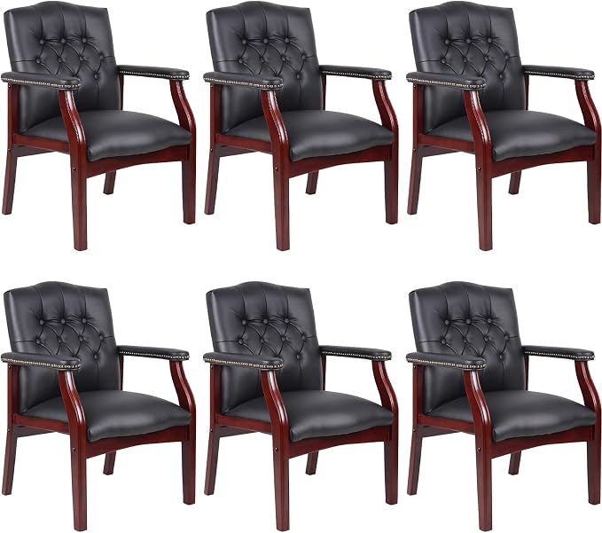 Black Leather Office Chairs Set of 6, High Back Ergonomic Executive Guest Chairs for Reception, Multi-Scene Use (Waiting Room, Meeting, Conference, Lobby, Conference, Church) No Wheels with Arm Design