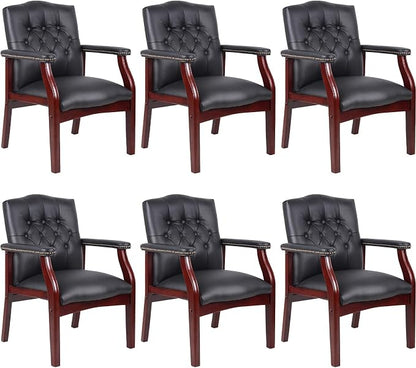 Black Leather Office Chairs Set of 6, High Back Ergonomic Executive Guest Chairs for Reception, Multi-Scene Use (Waiting Room, Meeting, Conference, Lobby, Conference, Church) No Wheels with Arm Design