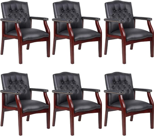Black Leather Office Chairs Set of 6, High Back Ergonomic Executive Guest Chairs for Reception, Multi-Scene Use (Waiting Room, Meeting, Conference, Lobby, Conference, Church) No Wheels with Arm Design
