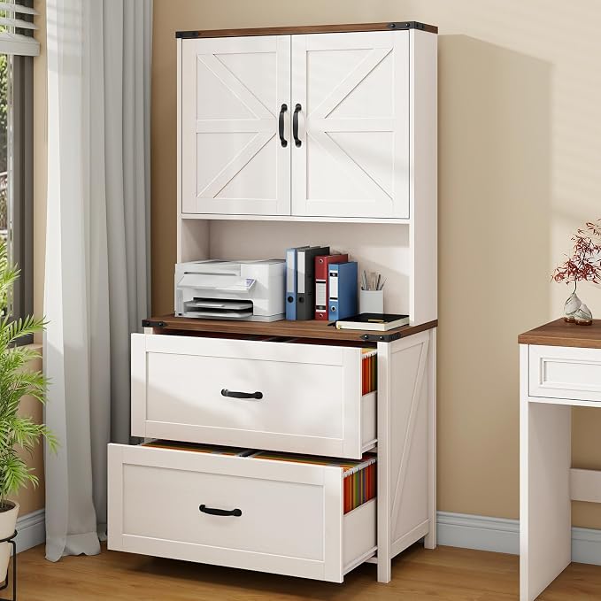 Halitaa File Cabinet 2 Drawers Lateral File Cabinet with Adjustable Shelf for Letter/Legal/A4 Size Hanging Files, Large Wood File Storage Cabinets Printer Stand for Home Office, Rustic White