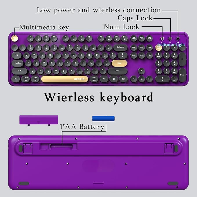 Colorful Wireless Computer Keyboards Mouse Combos, UBOTIE Polychrome Round Keycaps Retro PC Keyboards 2.4GHz Radio Frequency Connection with Optical Mouse(Black Purple)