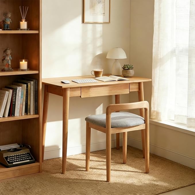 31" Solid Red Oak Narrow Writing Desk for Small Spaces – Drawer & Tapered Legs, Natural Wood Finish, Mid-Century Modern, Space-Saving for Bedroom（19.69" D x 29.92" H）