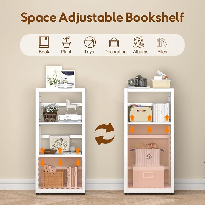 UNICOLY Bookshelves and Bookcases, 3 Tier Metal Bookshelf with Adjustable Shelves and Bookends, Open Shelf Bookcase, Display Shelves for Home Decor Bedroom, Living Room, Home Office, White