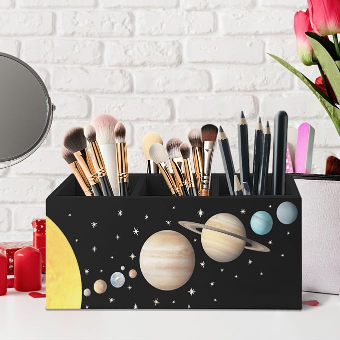 Black Space Themed Bedroom Decor Gift for Kids Men, Outer Space Decor Wooden Pen Pencil Holder for Desk, The Solar System Wood Makeup Brush Toothbrush Holder Organizer for Library Bedroom
