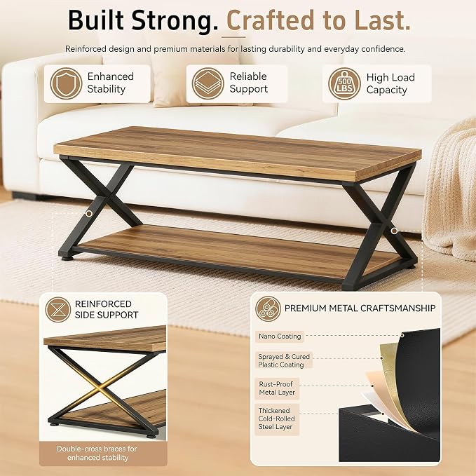 MILEFA2 Tier Coffee Table, Farmhouse CenterTable with Storage, Wood and Metal Living RoomTable for Home Office Bedroom, Rustic Brown,47Inch