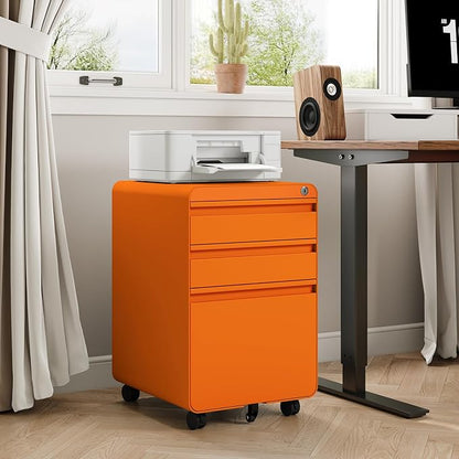 Dripex 3 Drawer Orange File Cabinet, Mobile Under Desk Storage File Cabinet with Lock on Wheels, Letter/Legal Size,Fully Assembled, Small Short Vertical Metal Rolling Filing Cabinets for Home Office