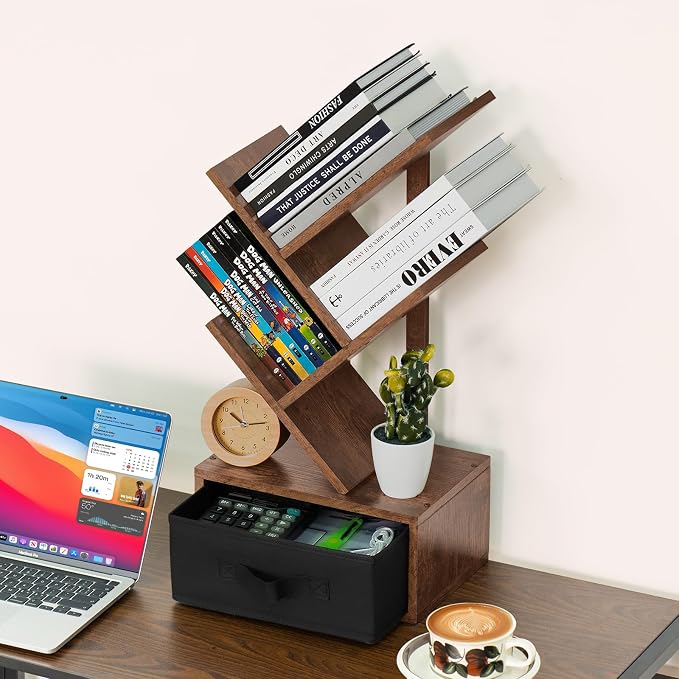 SHEEPAM Small Bookshelf with Drawer,4 Tier Tree Book Shelf,Wood Desk Bookshelves,Modern Free Standing Desktop Display Shelves,Brown Floor Standing Organizer Bookcase for Living Room,Bedroom,Office