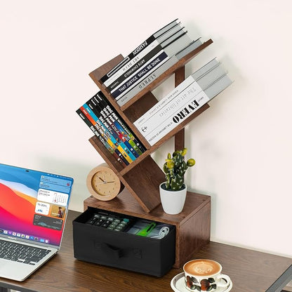 SHEEPAM Small Bookshelf with Drawer,4 Tier Tree Book Shelf,Wood Desk Bookshelves,Modern Free Standing Desktop Display Shelves,Brown Floor Standing Organizer Bookcase for Living Room,Bedroom,Office