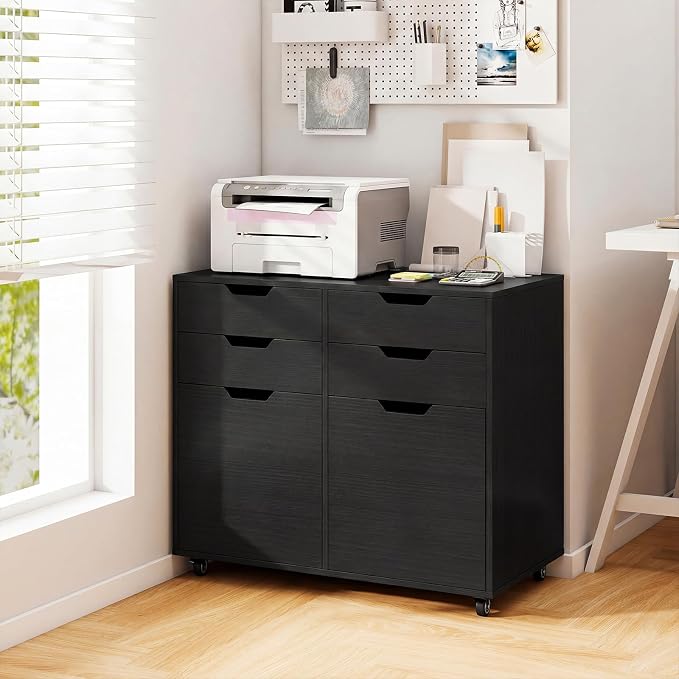 LOKO Mobile File Cabinet with 4 Drawers, Rolling Under-Desk Filing Cabinet, Wooden Chest of Drawers with Universal Wheels, Modern Printer Stand for Home Office Organization and Storage (Black)