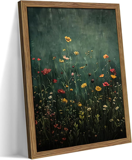 Wildflower Field Framed Wall Art, Vintage Botanical Flower Wall Decor, Modern Farmhouse Floral Canvas Art, Green Field Landscape Pictures Artwork for Living Room Bedroom – 16x24 inch
