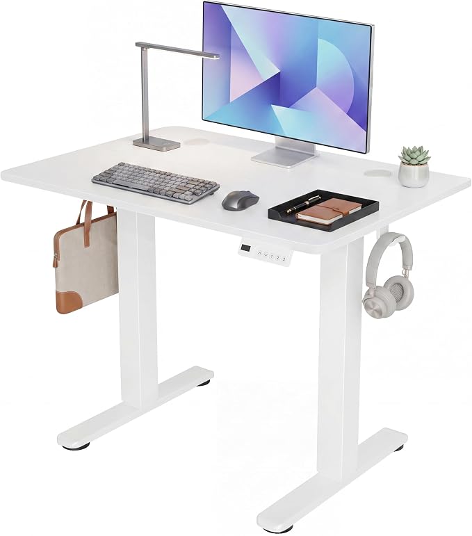 Claiks Electric Standing Desk 32 x 19 Inches, Compact Adjustable Height Motorized Sit Stand Desk with 3 Memory Presets & Cable Management, Space-Saving Computer Workstation for Bedroom, White