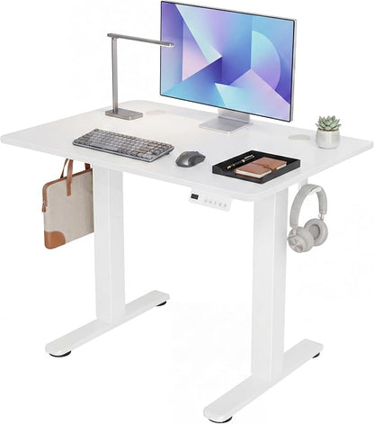 Claiks Electric Standing Desk 32 x 19 Inches, Compact Adjustable Height Motorized Sit Stand Desk with 3 Memory Presets & Cable Management, Space-Saving Computer Workstation for Bedroom, White