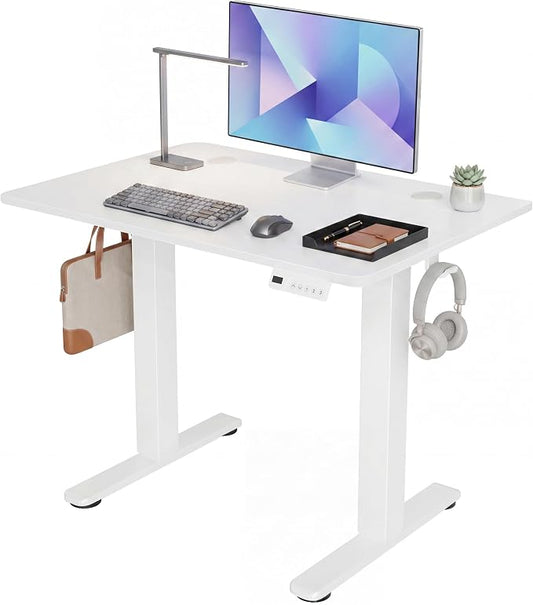 Claiks Electric Standing Desk 32 x 19 Inches, Compact Adjustable Height Motorized Sit Stand Desk with 3 Memory Presets & Cable Management, Space-Saving Computer Workstation for Bedroom, White