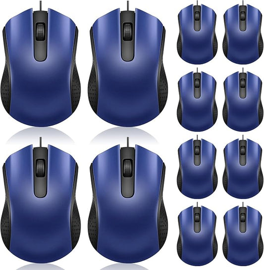 Hoteam 12 Pcs Blue Wired Computer Mouse Bulk Cord USB Computer Mice Ergonomic Wired Mouse for Pcs, Computers, Laptops, Gaming Office Home Supplies