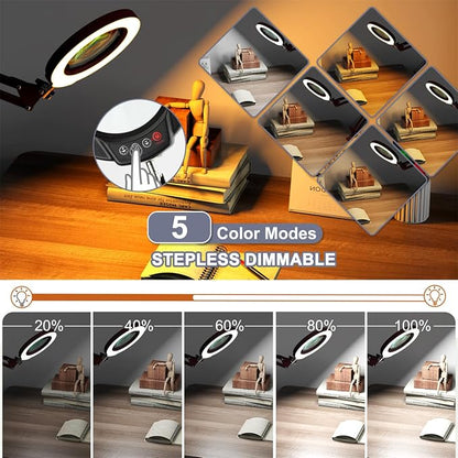 12X Magnifying Glass with Light and Stand, Upgrade Button 5 Color Modes Stepless Dimmable, 2-in-1 LED Lighted Magnifier Light, Hands Free Desk Lamp with Clamp for Craft Hobby Close Work - Blue