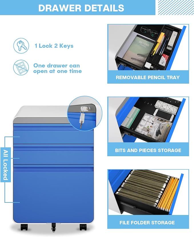 Dripex 3 Drawer Blue File Cabinet, Mobile Under Desk Storage File Cabinet with Lock on Wheels, Letter/Legal Size, Fully Assembled, Small Short Vertical Metal Rolling Filing Cabinets for Home Office