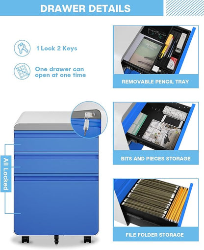 Dripex 3 Drawer Blue File Cabinet, Mobile Under Desk Storage File Cabinet with Lock on Wheels, Letter/Legal Size, Fully Assembled, Small Short Vertical Metal Rolling Filing Cabinets for Home Office