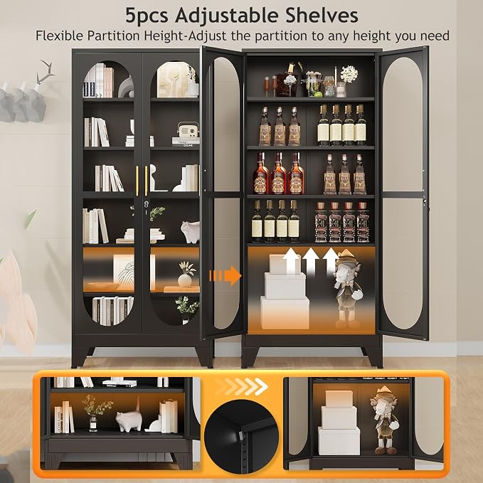 PAOFIN 75" H Locking Display Cabinet with Glass Door, Metal Curio Cabinets with 5 Adjustable Shelves, Tall Liquor Cabinet Display Case for Living Room, Wine, Clinic, Home - Assembly Required Black