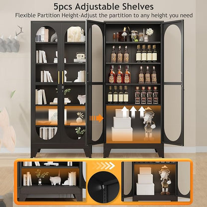 PAOFIN 75" H Locking Display Cabinet with Glass Door, Metal Curio Cabinets with 5 Adjustable Shelves, Tall Liquor Cabinet Display Case for Living Room, Wine, Clinic, Home - Assembly Required Black