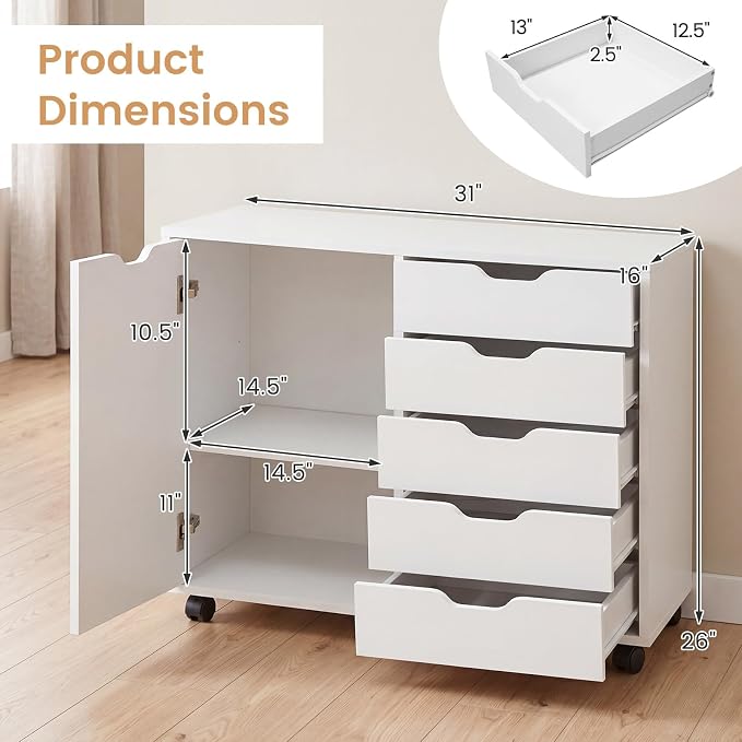 Giantex 5-Drawer File Cabinet with Wheels, Wooden Rolling Lateral Filing Cabinet with Door and Adjustable Shelf, Chest of Drawers, Mobile Printer Stand Organizer for Home Office and Bedroom (White)