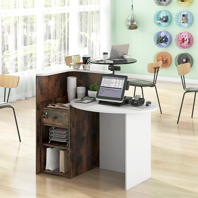 Giantex Reception Desk, Front Counter Desk with Lockable Drawer, Checkout Table with Round Tabletop, Corner Shelf & Adjustable Shelf for Office Beauty Salon Retail Store (Brown & White)