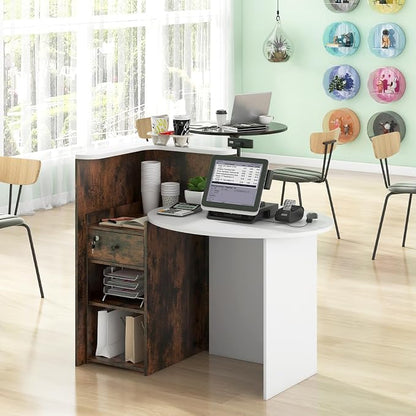 Giantex Reception Desk, Front Counter Desk with Lockable Drawer, Checkout Table with Round Tabletop, Corner Shelf & Adjustable Shelf for Office Beauty Salon Retail Store (Brown & White)