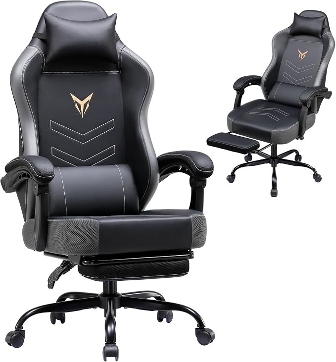 GTPLAYER Gaming Chair, Office Chair High Back Computer Chair with Foot Rest for Adults, Leather Desk Chair Executive Ergonomic Height Adjustable with Headrest and Lumbar Support, 300lbs Grey
