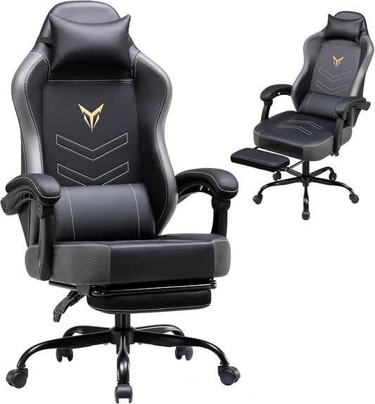 GTPLAYER Gaming Chair, Office Chair High Back Computer Chair with Foot Rest for Adults, Leather Desk Chair Executive Ergonomic Height Adjustable with Headrest and Lumbar Support, 300lbs Grey