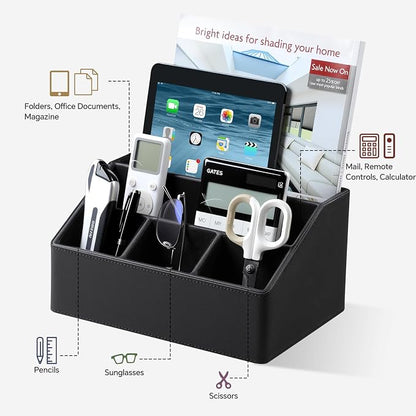 Desk Organizer Caddy with 5 Compartments for Office Art Supplies, PU Leather Nightstand Organizer Pencil Pen Desk Caddy for Home, Desktop TV Remote Control Holder Storage (Black)
