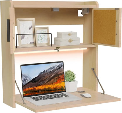 ARTETHYS Wall Mounted Desk Folding with LED Light Drop Down Hanging Desk | 3 Color Adjustable Light, Writing Workstation with Storage Compartment, Space Saving for Home Office, Wood Color