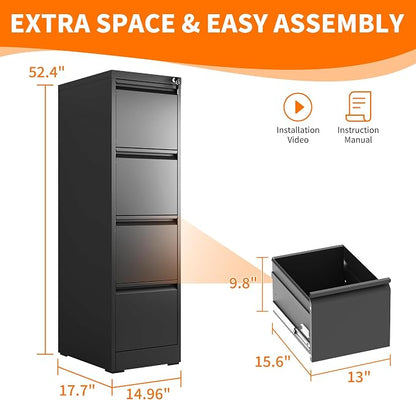 4 Drawer Metal File Cabinet with Lock Heavy Duty Lockable Filing Cabinets Home Office Steel File Cabinet Black Vertical File Cabinets for Legal/Letter Size File,Assembly Required