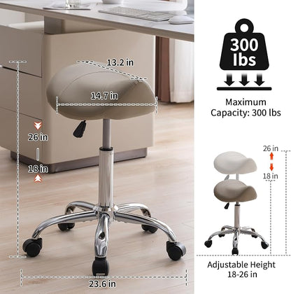 FIRAVOE Saddle Stool, Swivel Saddle Stool with Wheels, Adjustable Rolling Stool 18"-26", Faux Leather Rolling Stool for Salon, Massage, Clinic, Lab, Office (Light Grey, 1PCS (18"-26"))